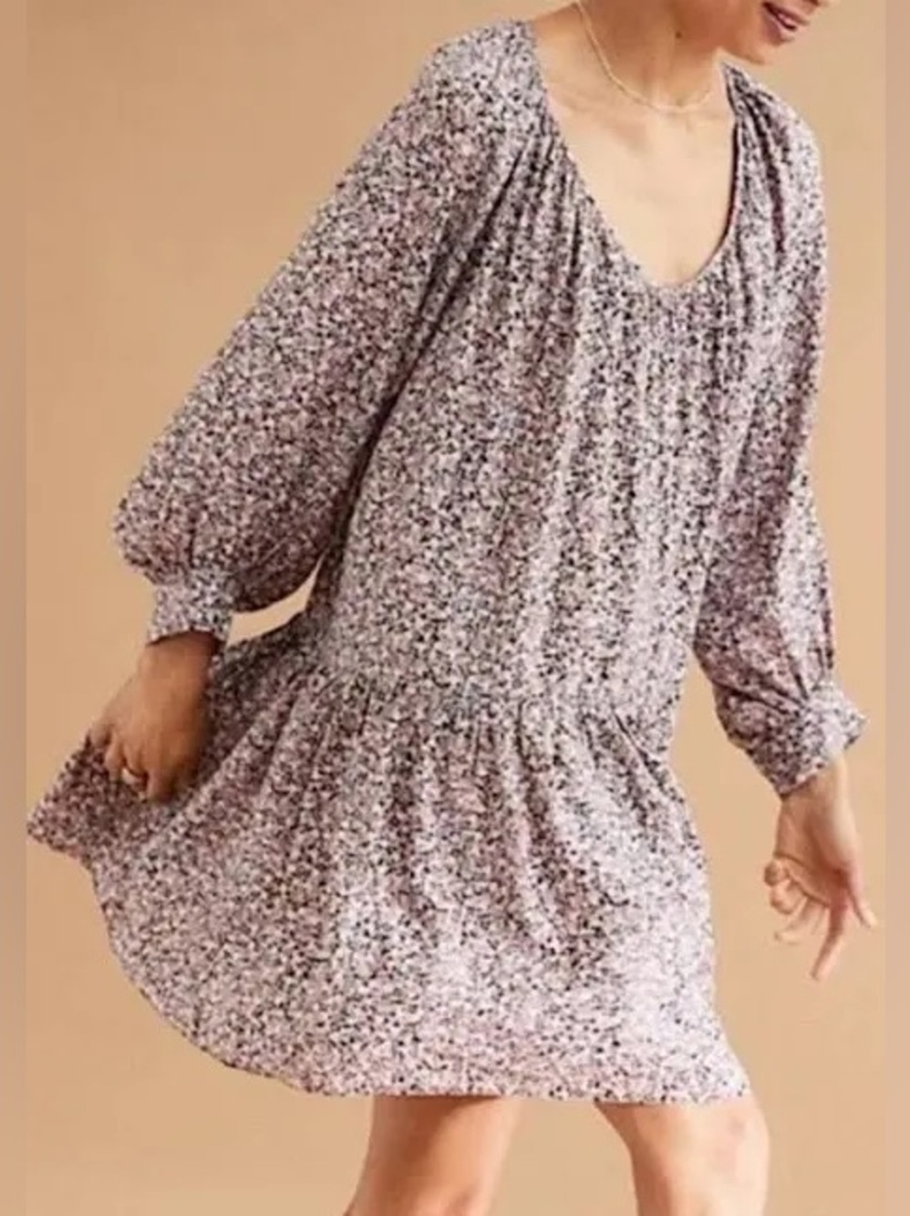 H&M Ditsy Floral Long-Sleeve Drop Waist Mini Dress